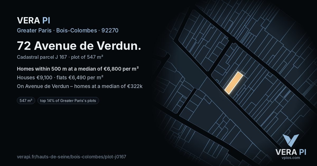 72 Avenue de Verdun, Bois-Colombes at night – the plot lit, the parcels around coloured by the prices near them