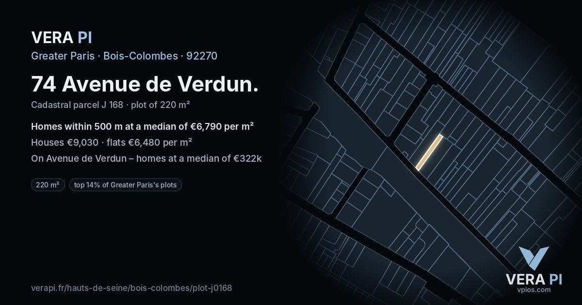 74 Avenue de Verdun, Bois-Colombes at night – the plot lit, the parcels around coloured by the prices near them
