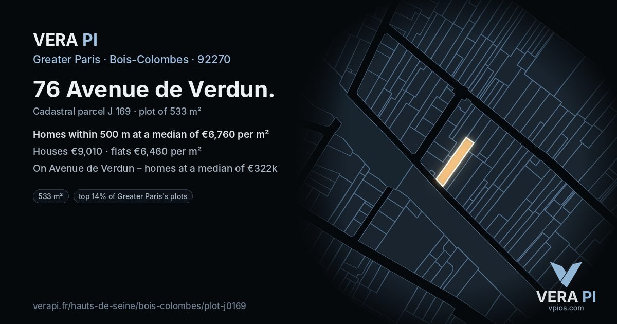 76 Avenue de Verdun, Bois-Colombes at night – the plot lit, the parcels around coloured by the prices near them
