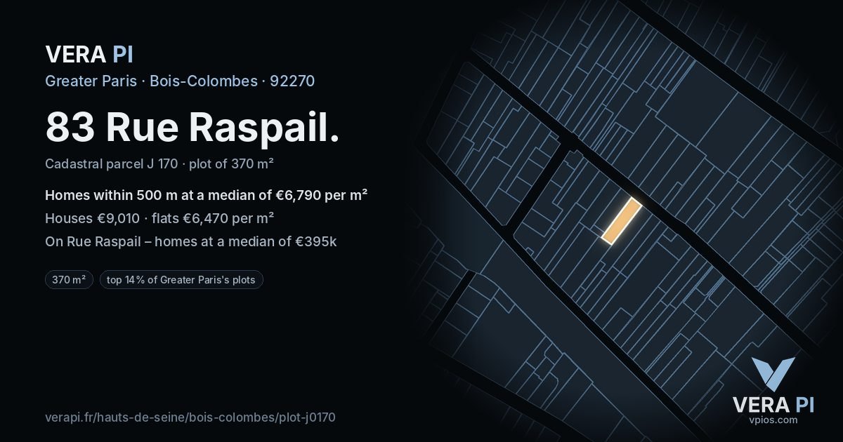 83 Rue Raspail, Bois-Colombes at night – the plot lit, the parcels around coloured by the prices near them