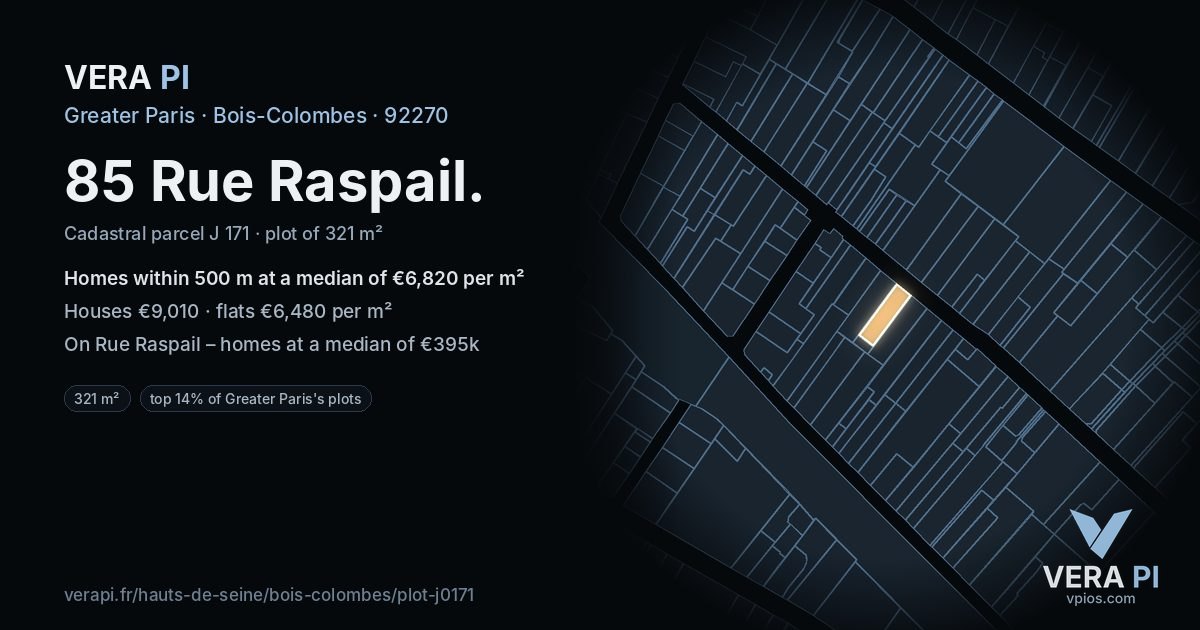 85 Rue Raspail, Bois-Colombes at night – the plot lit, the parcels around coloured by the prices near them