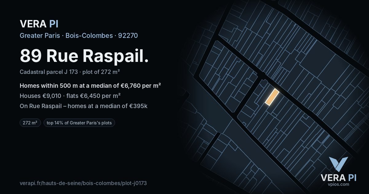 89 Rue Raspail, Bois-Colombes at night – the plot lit, the parcels around coloured by the prices near them