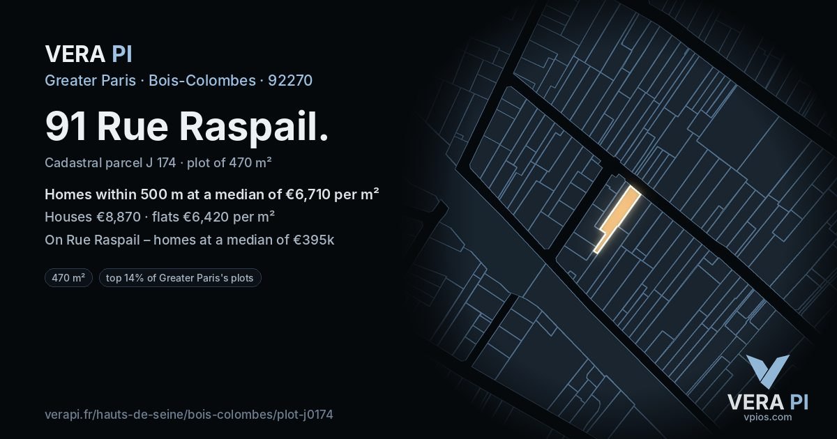 91 Rue Raspail, Bois-Colombes at night – the plot lit, the parcels around coloured by the prices near them