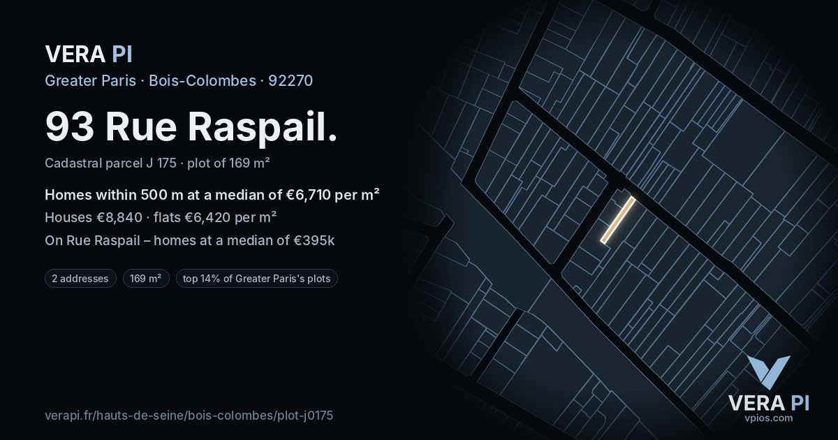 93 Rue Raspail, Bois-Colombes at night – the plot lit, the parcels around coloured by the prices near them