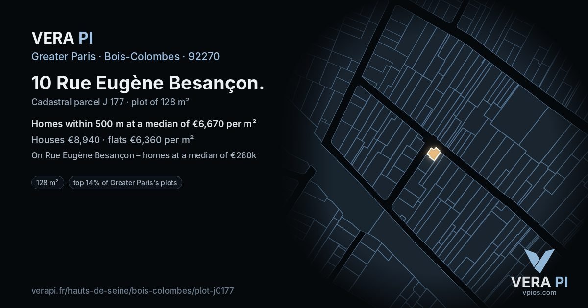 10 Rue Eugène Besançon, Bois-Colombes at night – the plot lit, the parcels around coloured by the prices near them