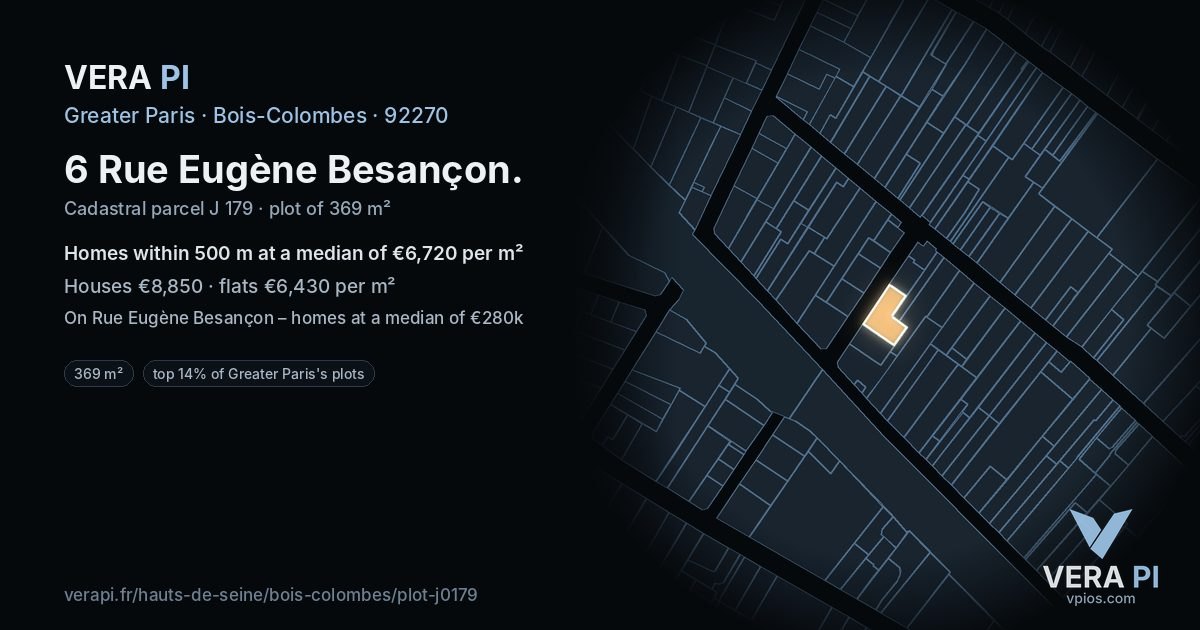 6 Rue Eugène Besançon, Bois-Colombes at night – the plot lit, the parcels around coloured by the prices near them