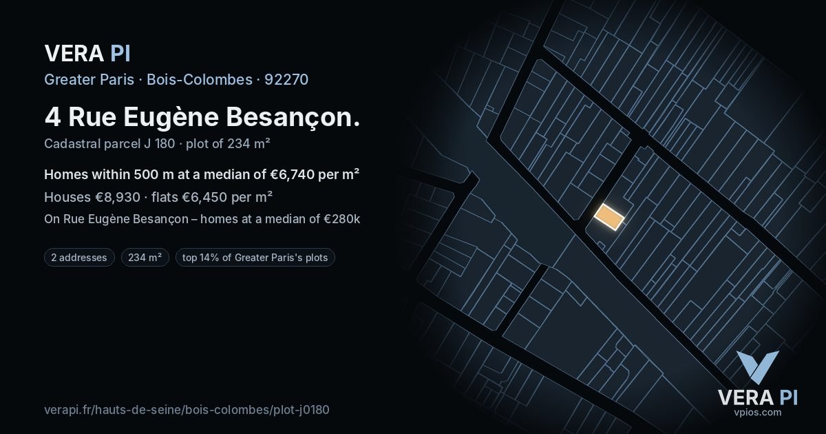 4 Rue Eugène Besançon, Bois-Colombes at night – the plot lit, the parcels around coloured by the prices near them
