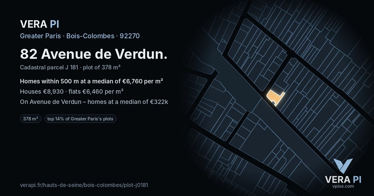 82 Avenue de Verdun, Bois-Colombes at night – the plot lit, the parcels around coloured by the prices near them