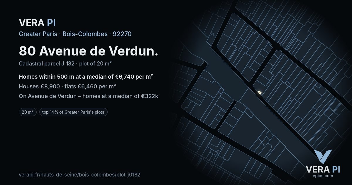 80 Avenue de Verdun, Bois-Colombes at night – the plot lit, the parcels around coloured by the prices near them