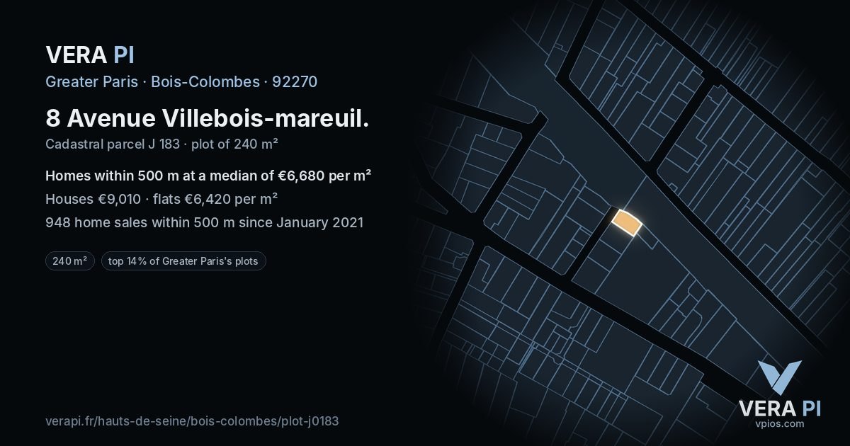 8 Avenue Villebois-mareuil, Bois-Colombes at night – the plot lit, the parcels around coloured by the prices near them