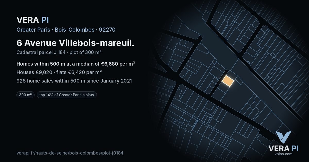 6 Avenue Villebois-mareuil, Bois-Colombes at night – the plot lit, the parcels around coloured by the prices near them