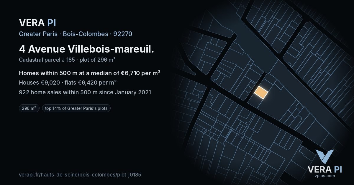 4 Avenue Villebois-mareuil, Bois-Colombes at night – the plot lit, the parcels around coloured by the prices near them
