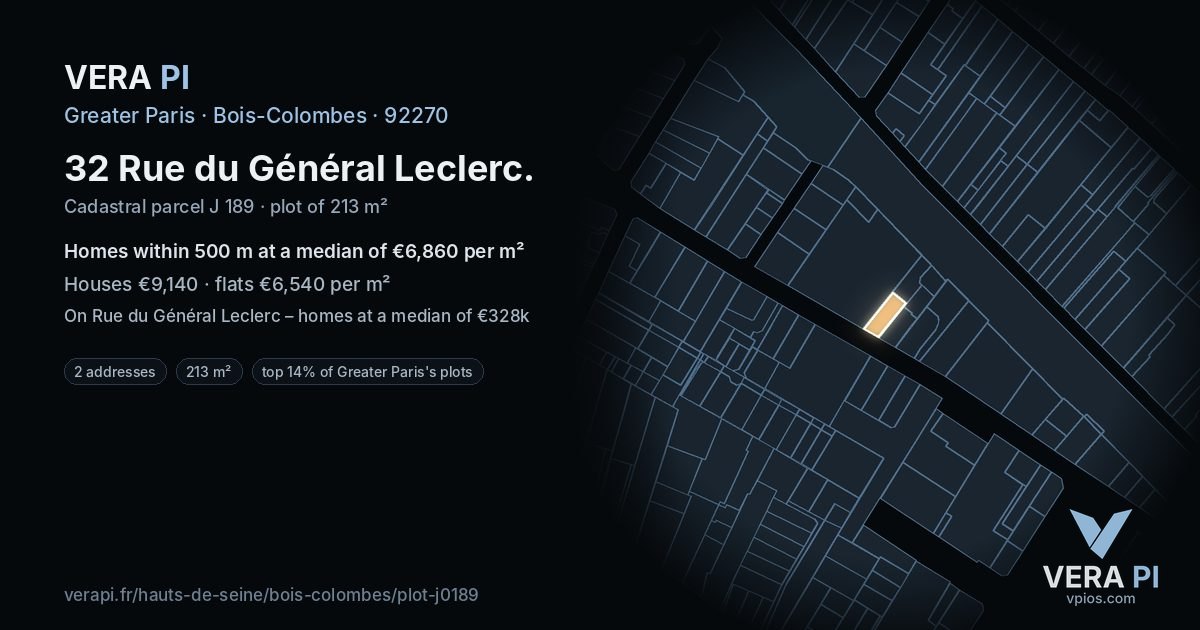 32 Rue du Général Leclerc, Bois-Colombes at night – the plot lit, the parcels around coloured by the prices near them