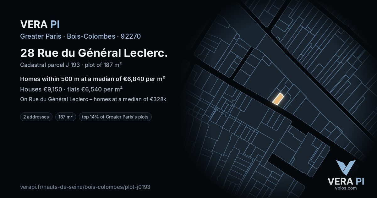 28 Rue du Général Leclerc, Bois-Colombes at night – the plot lit, the parcels around coloured by the prices near them