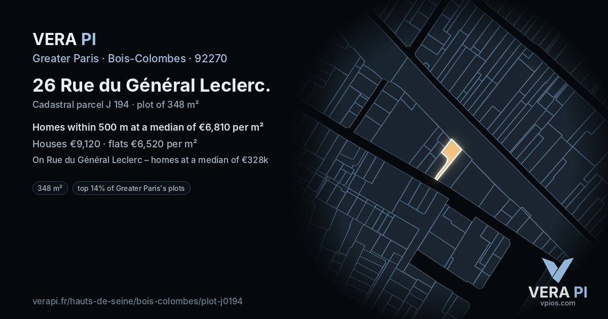 26 Rue du Général Leclerc, Bois-Colombes at night – the plot lit, the parcels around coloured by the prices near them