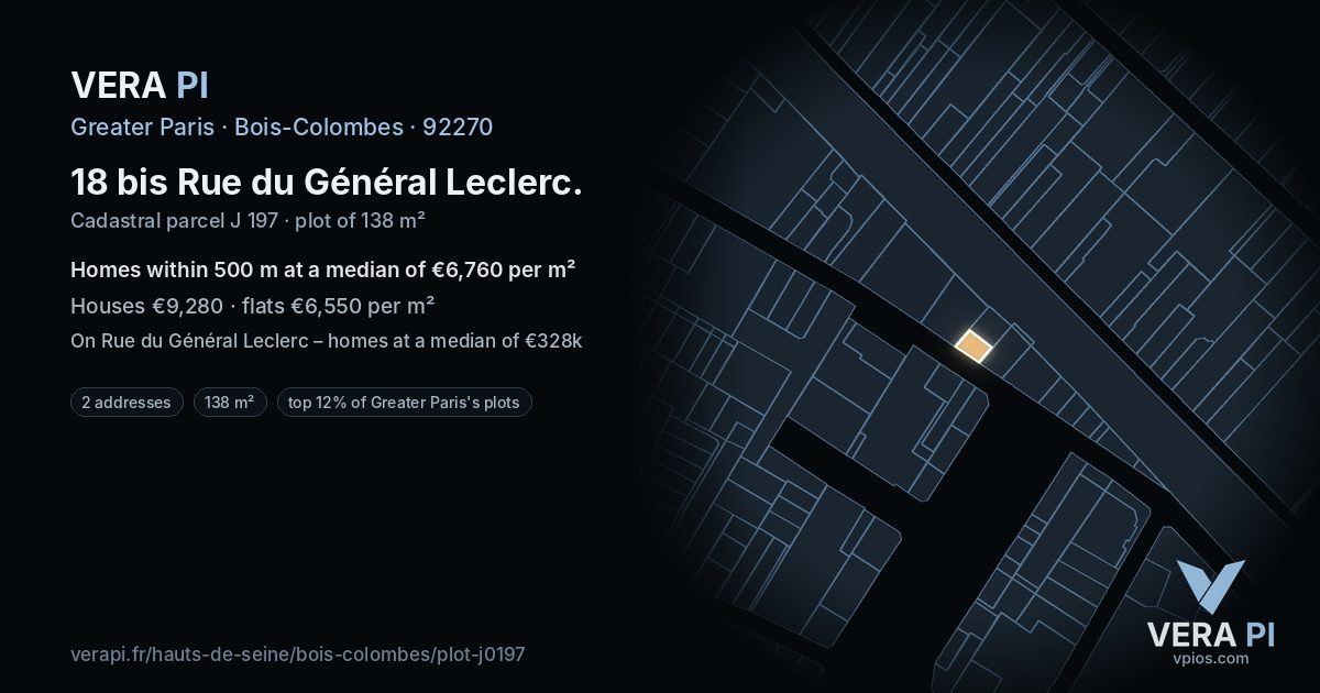 18 bis Rue du Général Leclerc, Bois-Colombes at night – the plot lit, the parcels around coloured by the prices near them