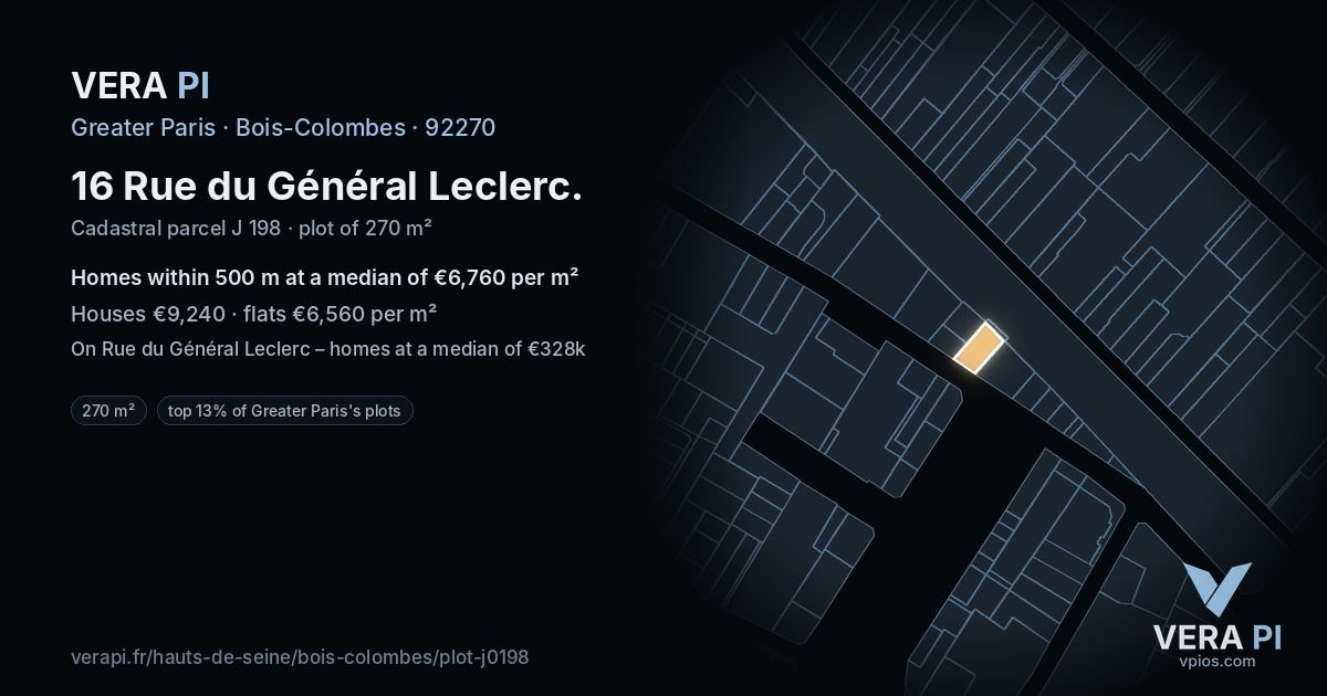 16 Rue du Général Leclerc, Bois-Colombes at night – the plot lit, the parcels around coloured by the prices near them