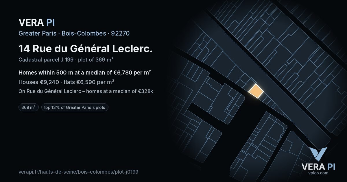 14 Rue du Général Leclerc, Bois-Colombes at night – the plot lit, the parcels around coloured by the prices near them