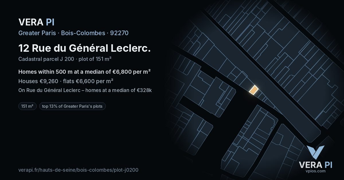 12 Rue du Général Leclerc, Bois-Colombes at night – the plot lit, the parcels around coloured by the prices near them