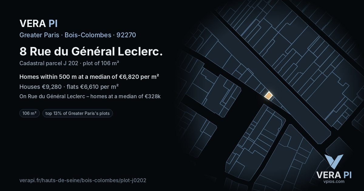 8 Rue du Général Leclerc, Bois-Colombes at night – the plot lit, the parcels around coloured by the prices near them