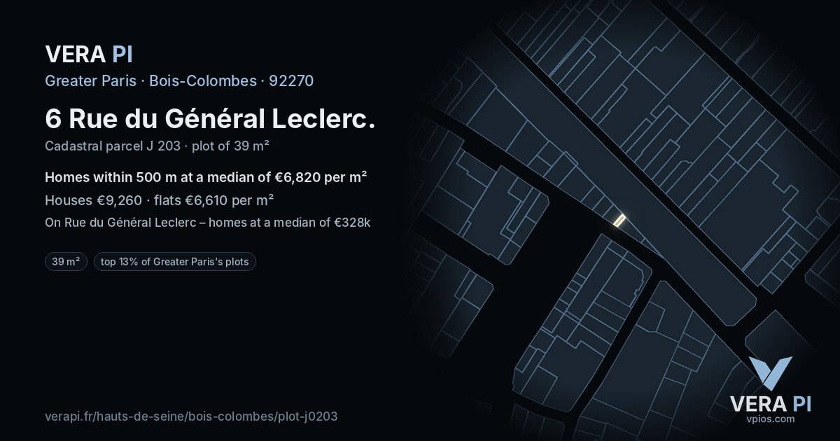 6 Rue du Général Leclerc, Bois-Colombes at night – the plot lit, the parcels around coloured by the prices near them
