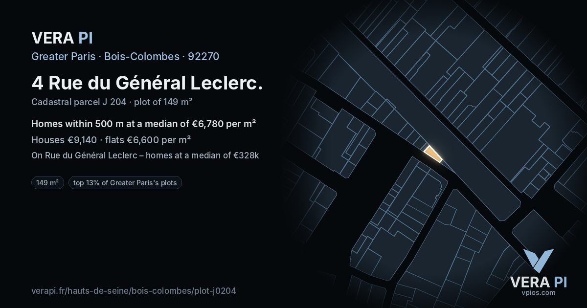 4 Rue du Général Leclerc, Bois-Colombes at night – the plot lit, the parcels around coloured by the prices near them