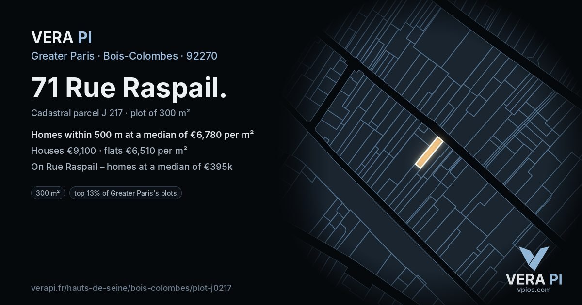 71 Rue Raspail, Bois-Colombes at night – the plot lit, the parcels around coloured by the prices near them