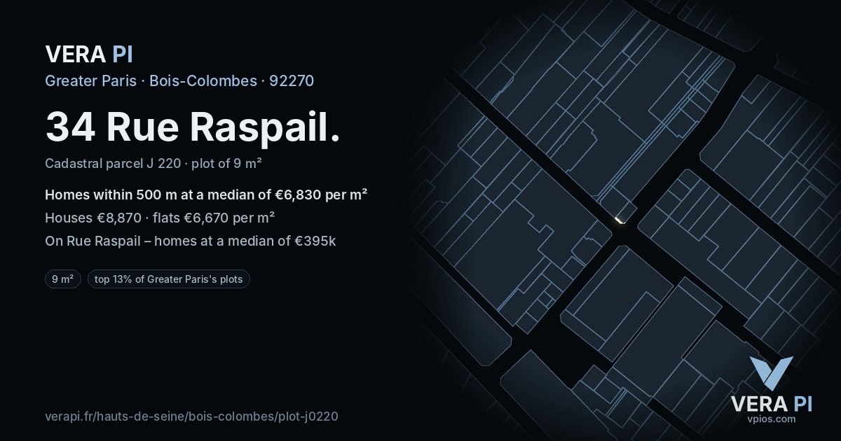 34 Rue Raspail, Bois-Colombes at night – the plot lit, the parcels around coloured by the prices near them
