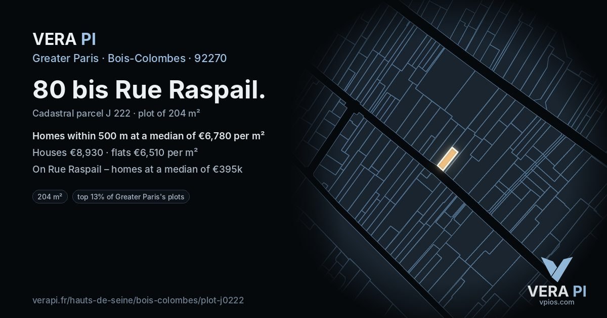 80 bis Rue Raspail, Bois-Colombes at night – the plot lit, the parcels around coloured by the prices near them