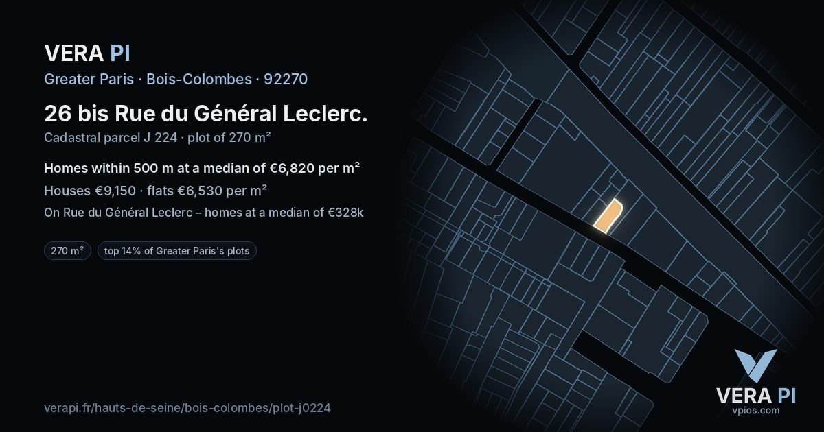26 bis Rue du Général Leclerc, Bois-Colombes at night – the plot lit, the parcels around coloured by the prices near them