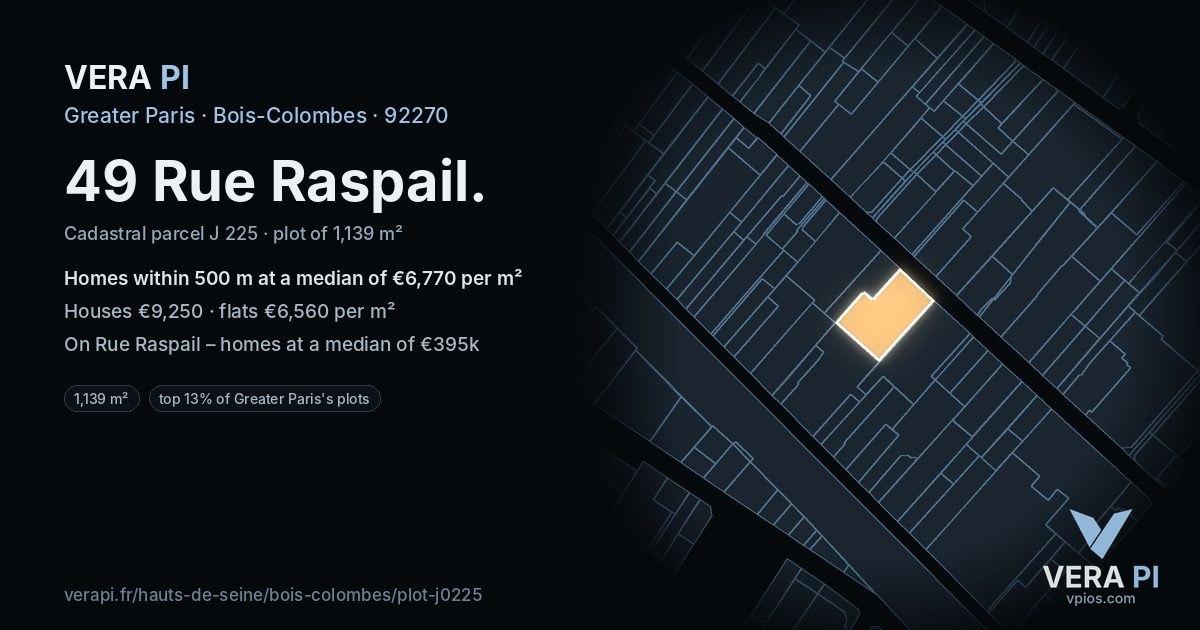49 Rue Raspail, Bois-Colombes at night – the plot lit, the parcels around coloured by the prices near them