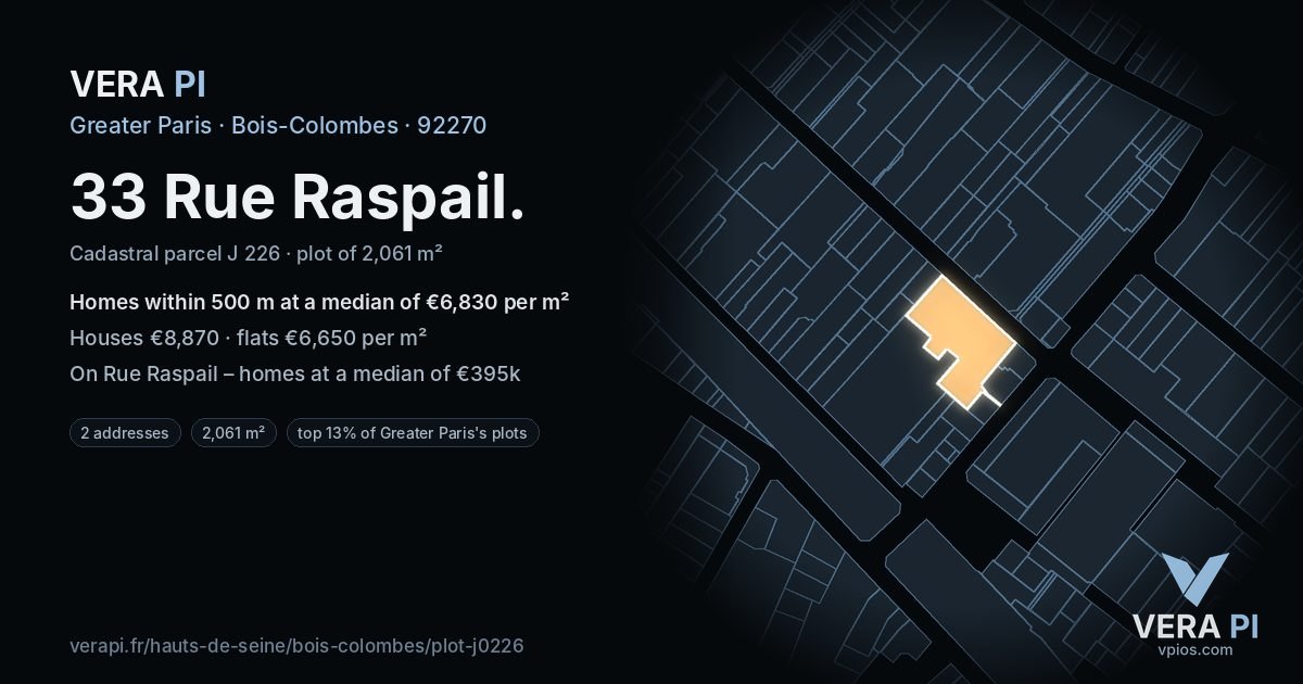 33 Rue Raspail, Bois-Colombes at night – the plot lit, the parcels around coloured by the prices near them