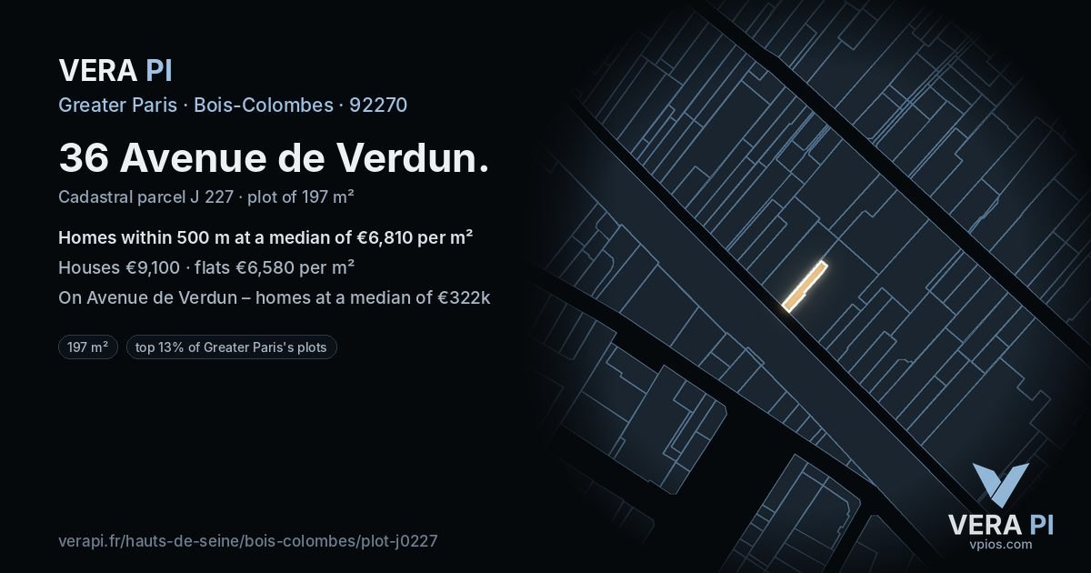 36 Avenue de Verdun, Bois-Colombes at night – the plot lit, the parcels around coloured by the prices near them