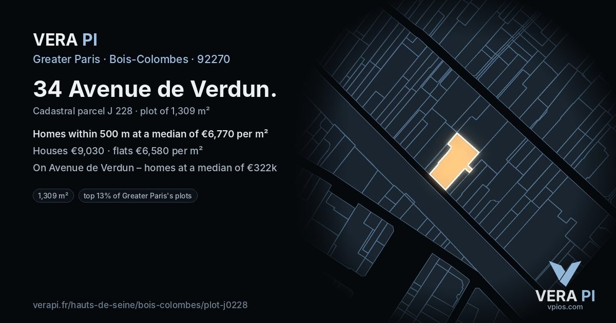 34 Avenue de Verdun, Bois-Colombes at night – the plot lit, the parcels around coloured by the prices near them