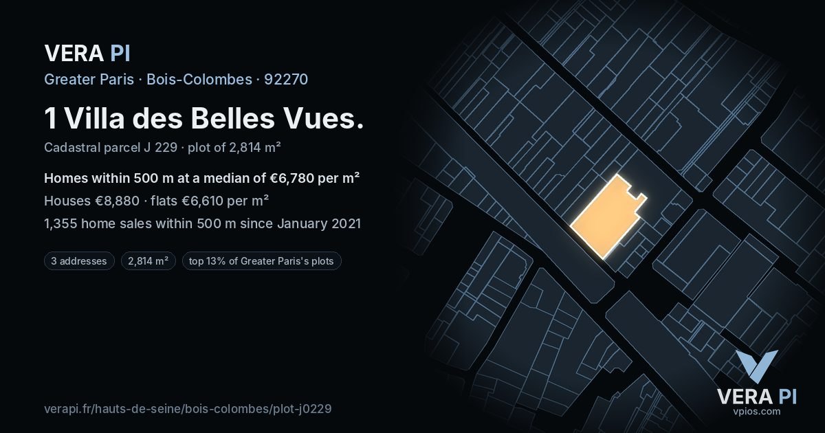1 Villa des Belles Vues, Bois-Colombes at night – the plot lit, the parcels around coloured by the prices near them