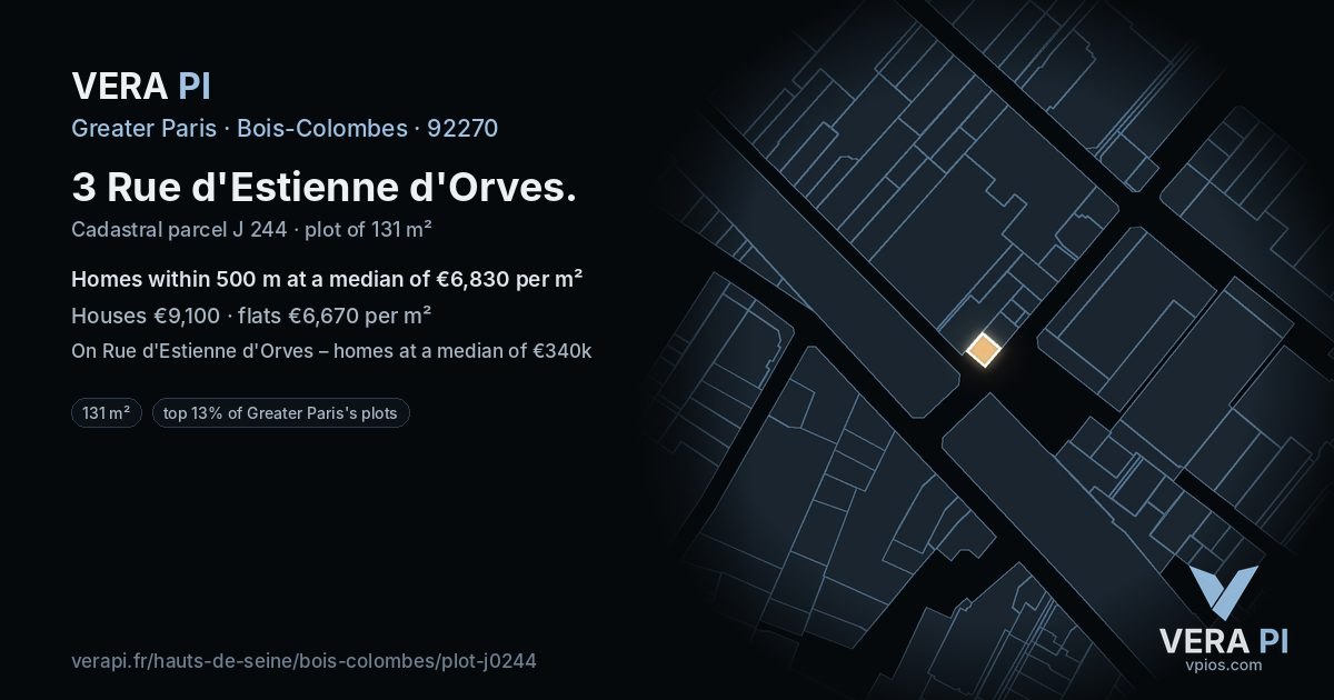 3 Rue d'Estienne d'Orves, Bois-Colombes at night – the plot lit, the parcels around coloured by the prices near them