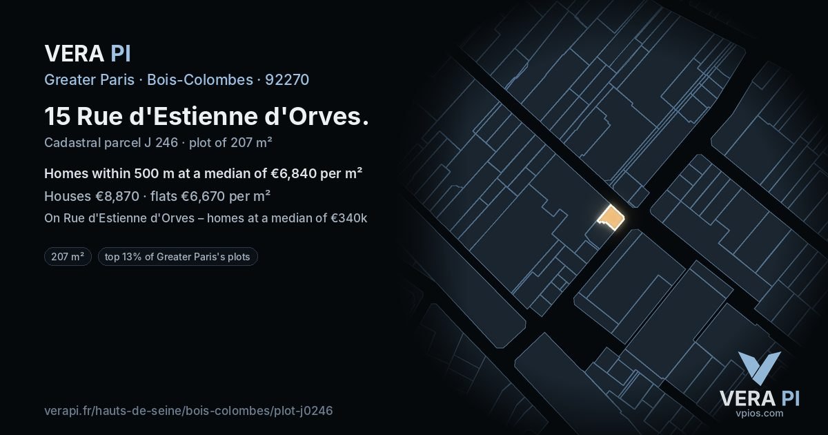 15 Rue d'Estienne d'Orves, Bois-Colombes at night – the plot lit, the parcels around coloured by the prices near them