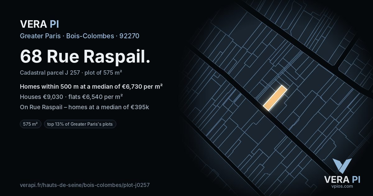 68 Rue Raspail, Bois-Colombes at night – the plot lit, the parcels around coloured by the prices near them