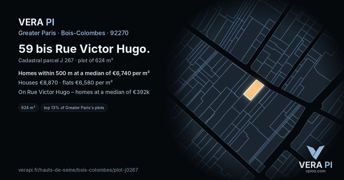 59 bis Rue Victor Hugo, Bois-Colombes at night – the plot lit, the parcels around coloured by the prices near them