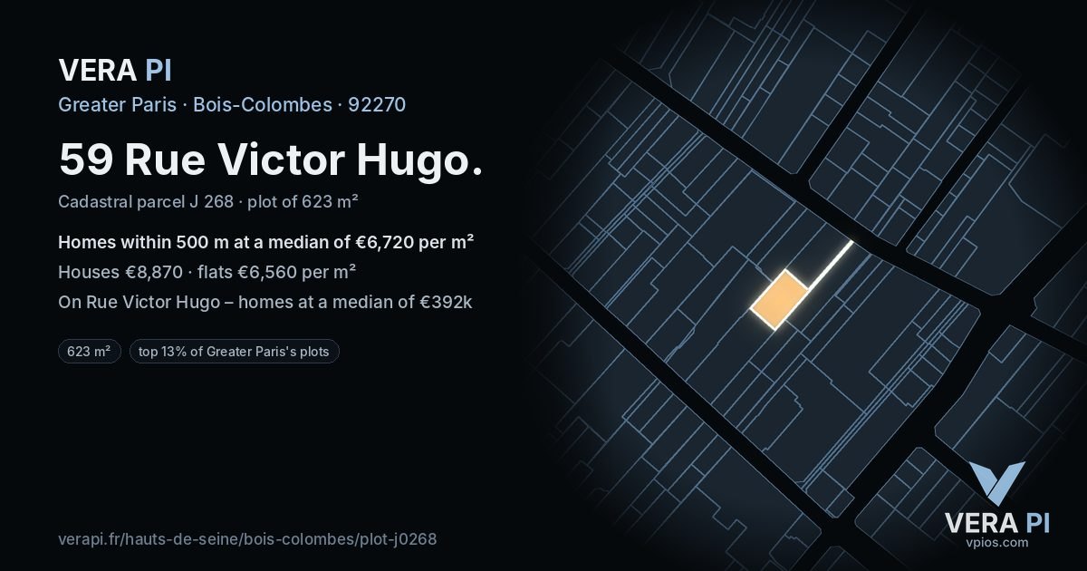 59 Rue Victor Hugo, Bois-Colombes at night – the plot lit, the parcels around coloured by the prices near them