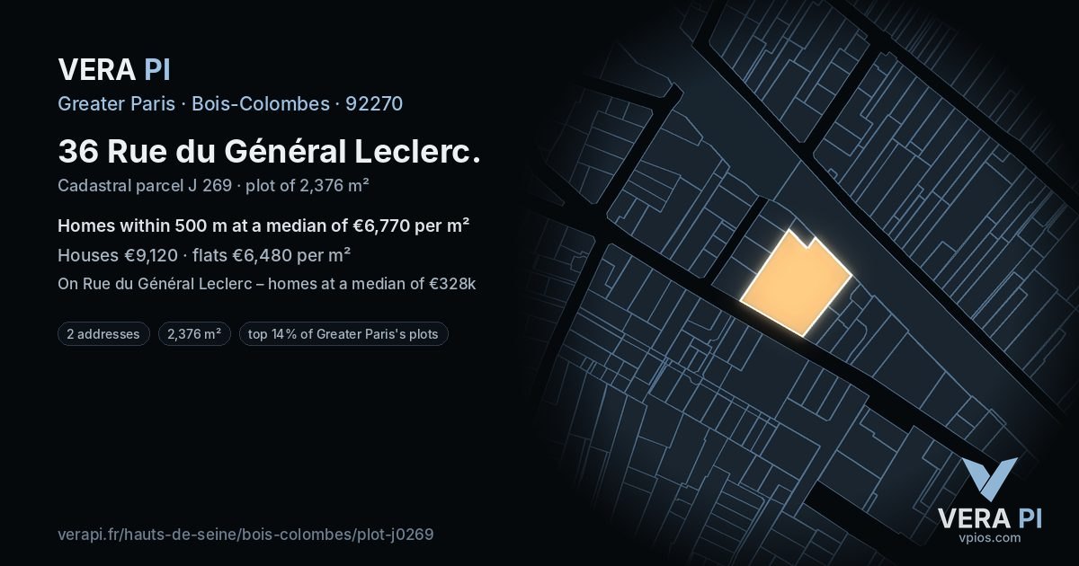 36 Rue du Général Leclerc, Bois-Colombes at night – the plot lit, the parcels around coloured by the prices near them