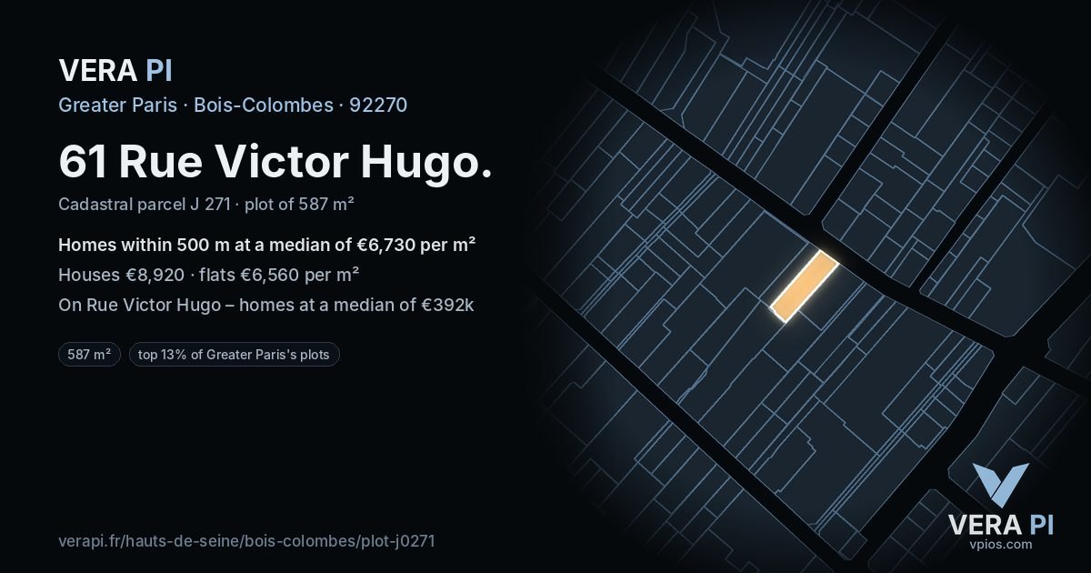 61 Rue Victor Hugo, Bois-Colombes at night – the plot lit, the parcels around coloured by the prices near them