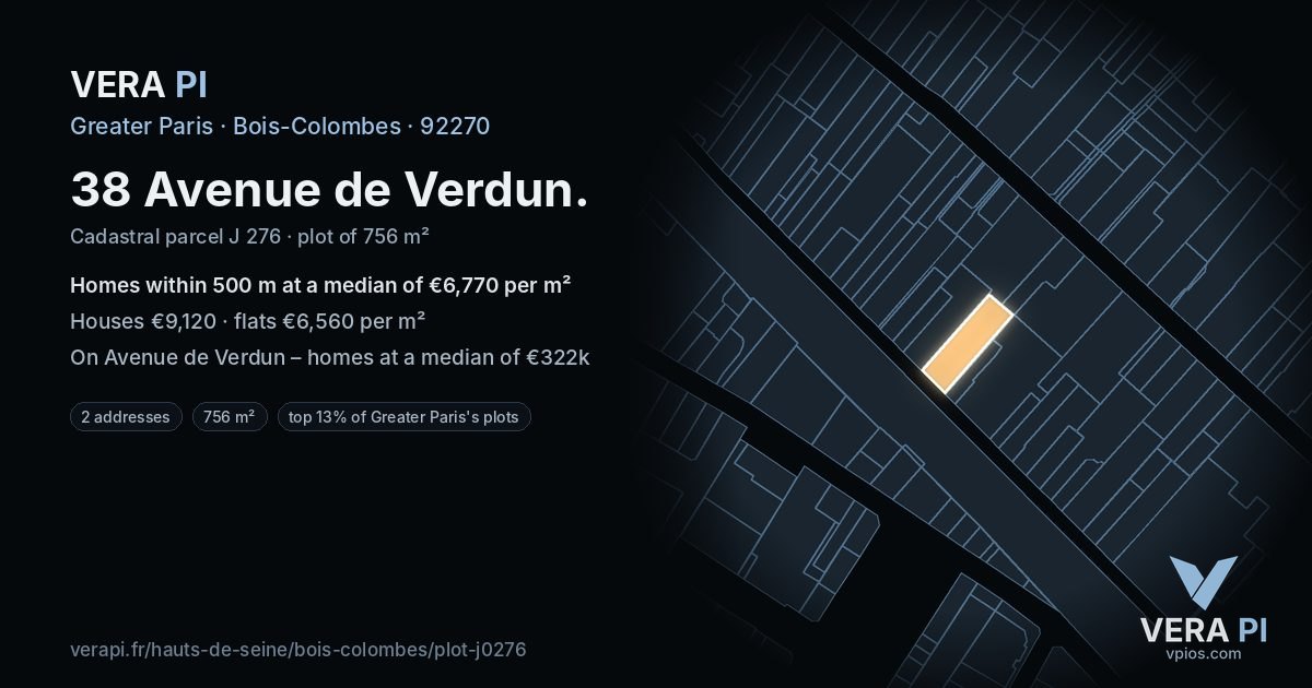 38 Avenue de Verdun, Bois-Colombes at night – the plot lit, the parcels around coloured by the prices near them