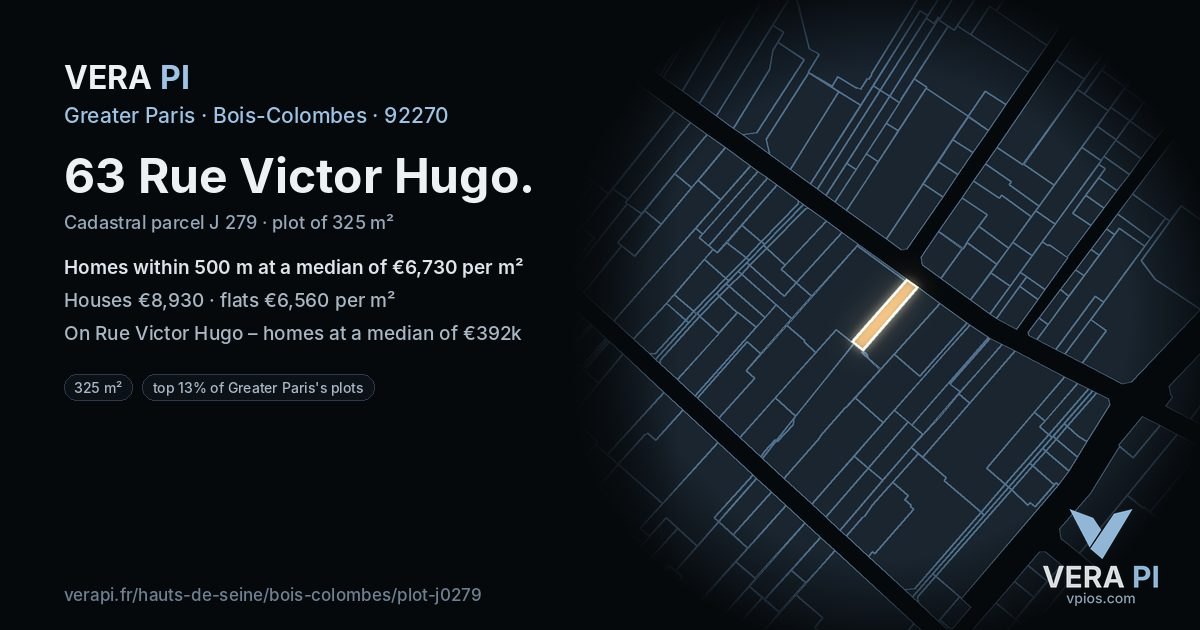 63 Rue Victor Hugo, Bois-Colombes at night – the plot lit, the parcels around coloured by the prices near them
