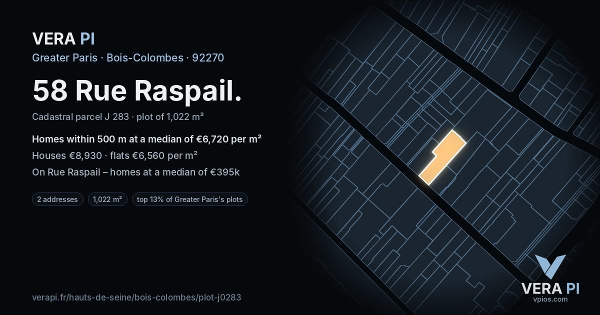 58 Rue Raspail, Bois-Colombes at night – the plot lit, the parcels around coloured by the prices near them