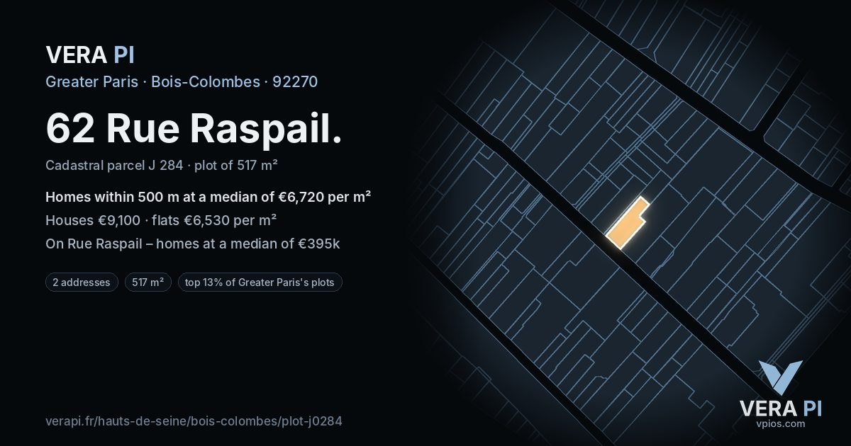 62 Rue Raspail, Bois-Colombes at night – the plot lit, the parcels around coloured by the prices near them