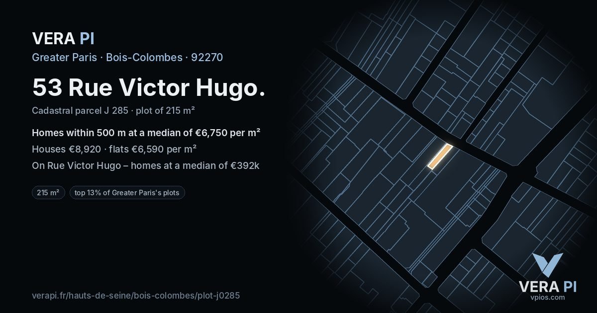 53 Rue Victor Hugo, Bois-Colombes at night – the plot lit, the parcels around coloured by the prices near them
