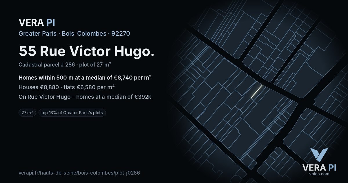 55 Rue Victor Hugo, Bois-Colombes at night – the plot lit, the parcels around coloured by the prices near them