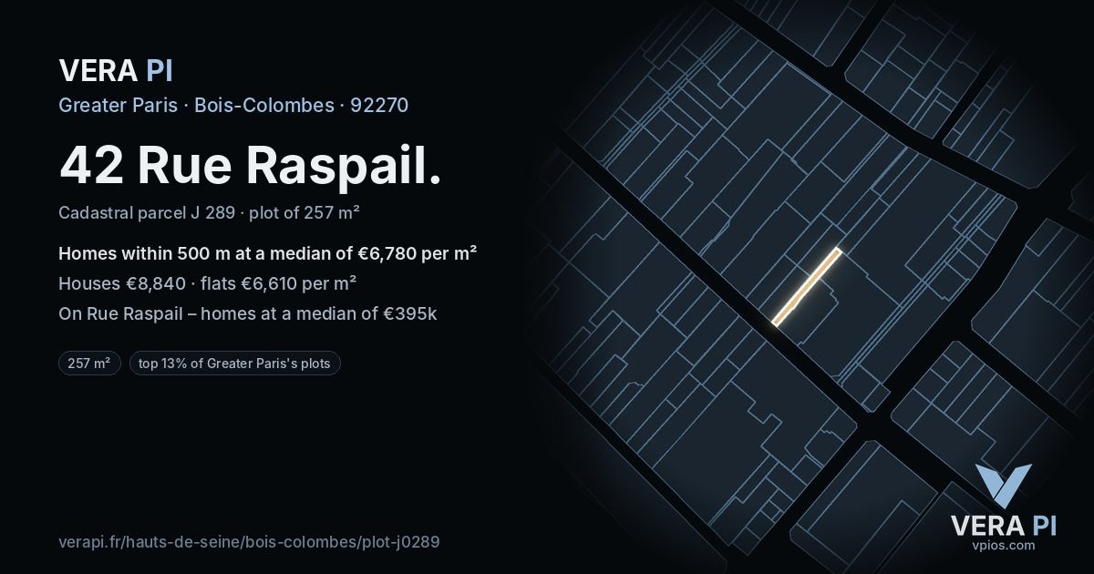 42 Rue Raspail, Bois-Colombes at night – the plot lit, the parcels around coloured by the prices near them