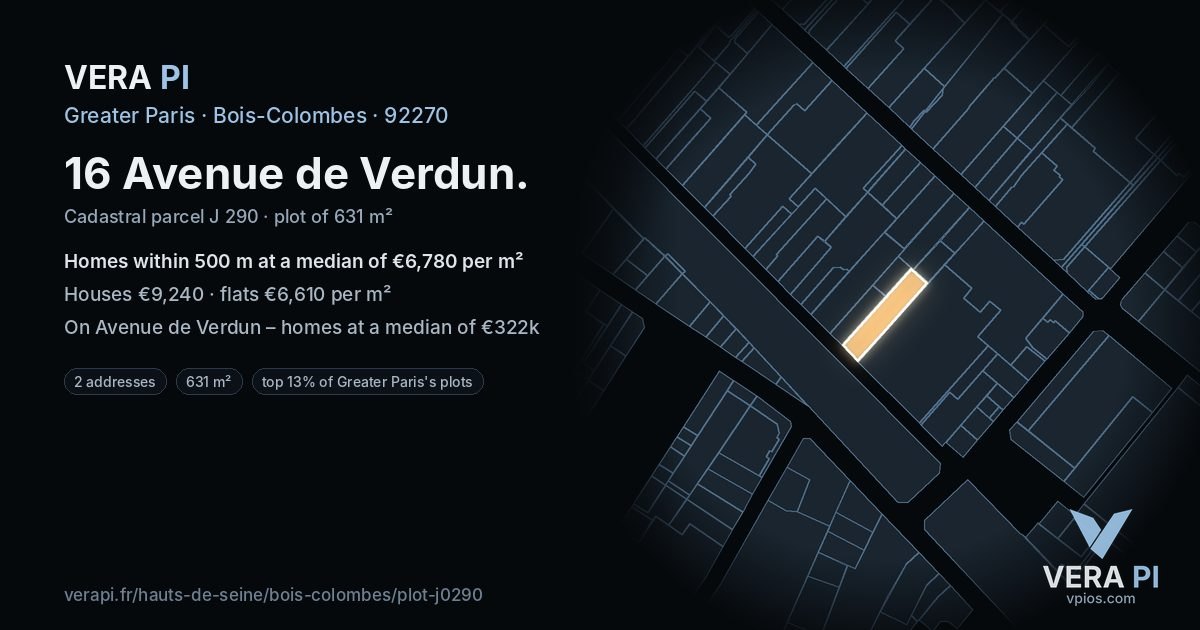 16 Avenue de Verdun, Bois-Colombes at night – the plot lit, the parcels around coloured by the prices near them